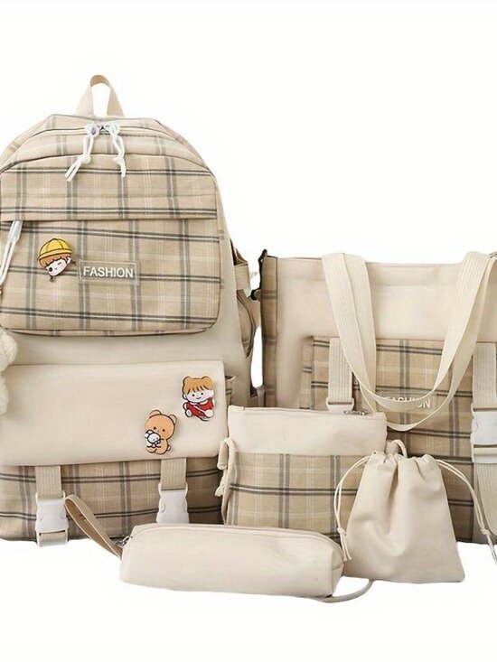 Large Capacity Cartoon Canvas Five Piece School Bag Set with Cosmetic Bag,